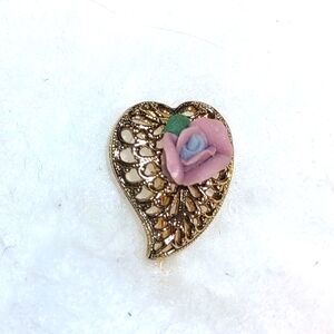 Pink Porcelain Flower Stick Pin 14K Gold Dipped